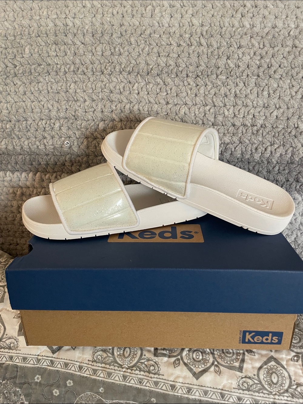 Keds White Slides with Iridescent Pale Green Straps